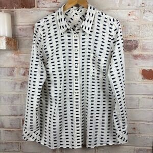 Gap Fitted Boyfriend Cup Print Button Down Shirt White Navy Preppy Cottagecore